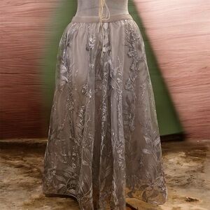 Elegant Gray Floral Embroidered Skirt